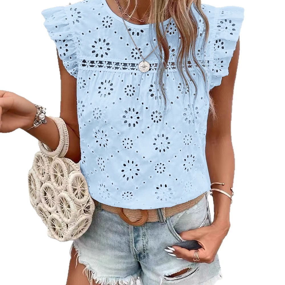 2026 Summer New Design Ruffled Sleeveless T-Shirt for Women, Fashionable Hollow-Out Pullover Top for Women
