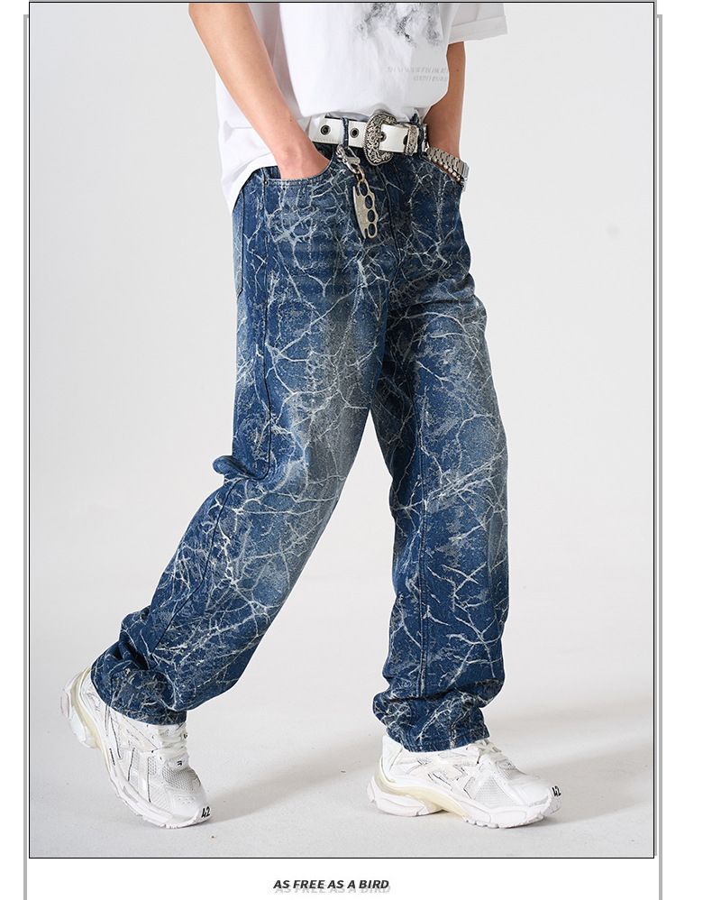 Men's Loose Straight Leg Jeans High Street Lightning Print Retro Cool Wide Leg Trousers For Spring Autumn_mkmklike.com