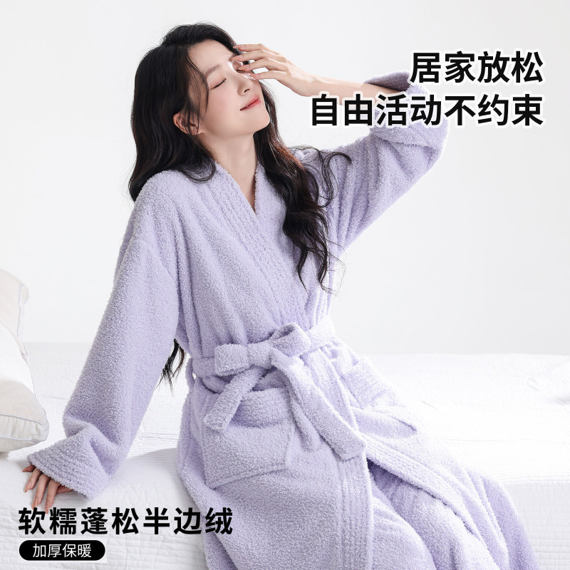 女士睡衣加睡裤半边绒套装女家居服加绒加厚珊瑚绒睡袍秋冬季浴袍|undefined