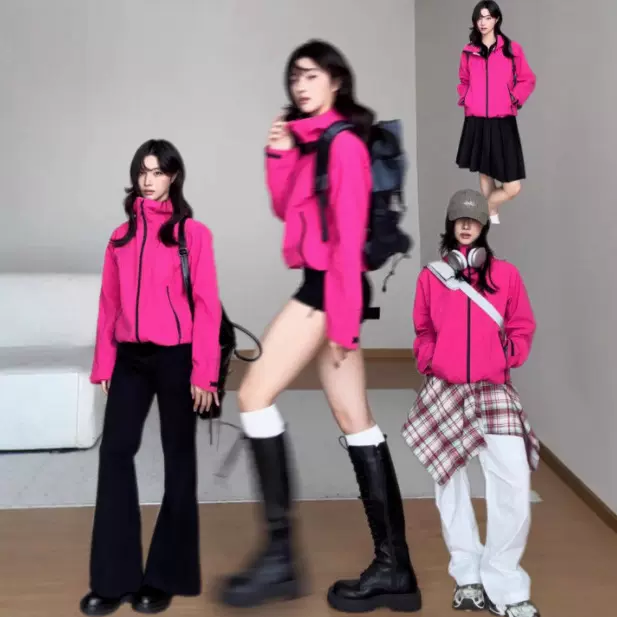 火龙果色冲锋衣女三合一外套2025秋季新款防晒软壳户外防水小个子