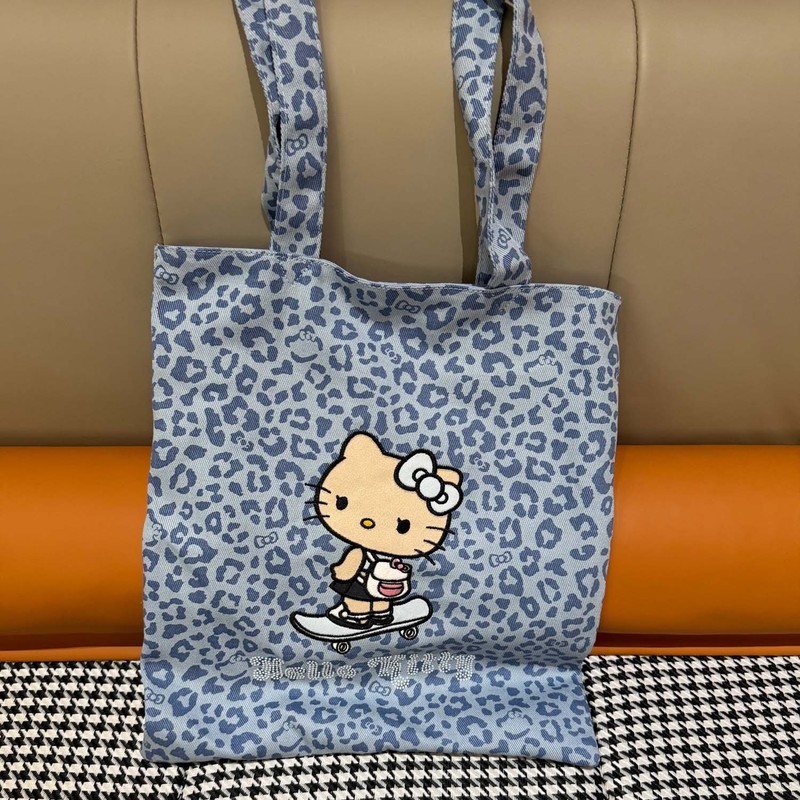 黑皮Hello Kitty全棉烫钻托特女士帆布大容量单肩包购物袋斜挎包|undefined