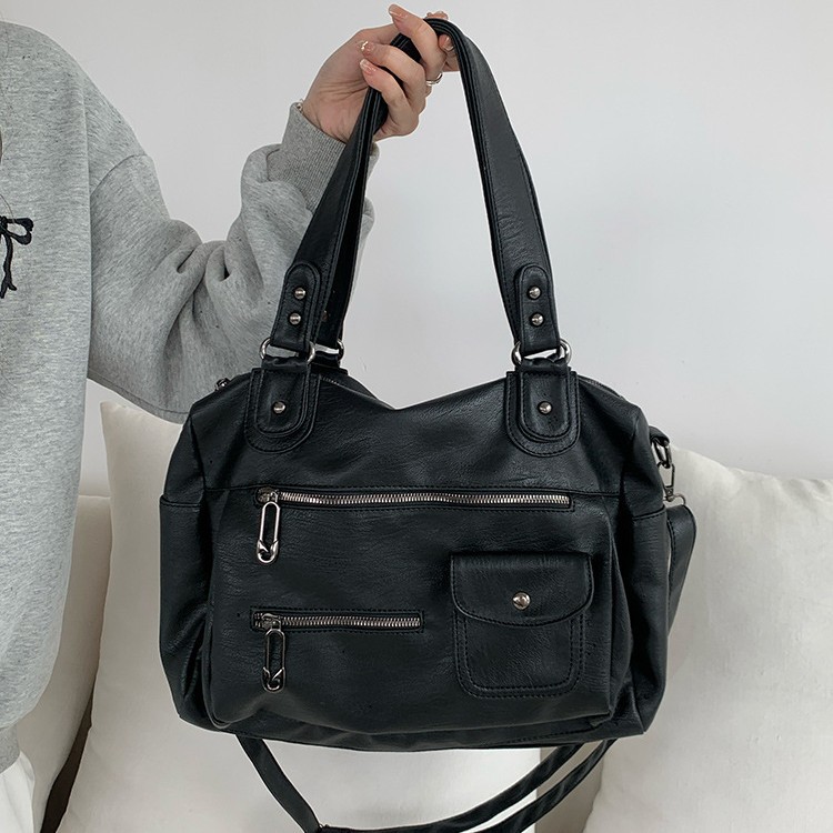 Multi-Zipper Motorcycle Bag, Retro Business Trip Luggage Bag, Tote Bag, Travel Bag, Large Capacity Portable Shoulder Crossbody Bag