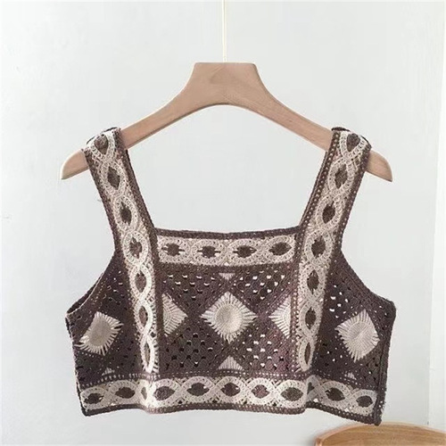 Bohemian ethnic small suspender vest embroidered hollow knitted short inner wear women's sleeveless top new style
