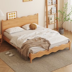 Beechwood Nordic Solid Wood Bed, Modern Minimalist Sleeper Bed with Japanese Original Wood Ins Style Wedding Bed 1.8-meter Double Bed