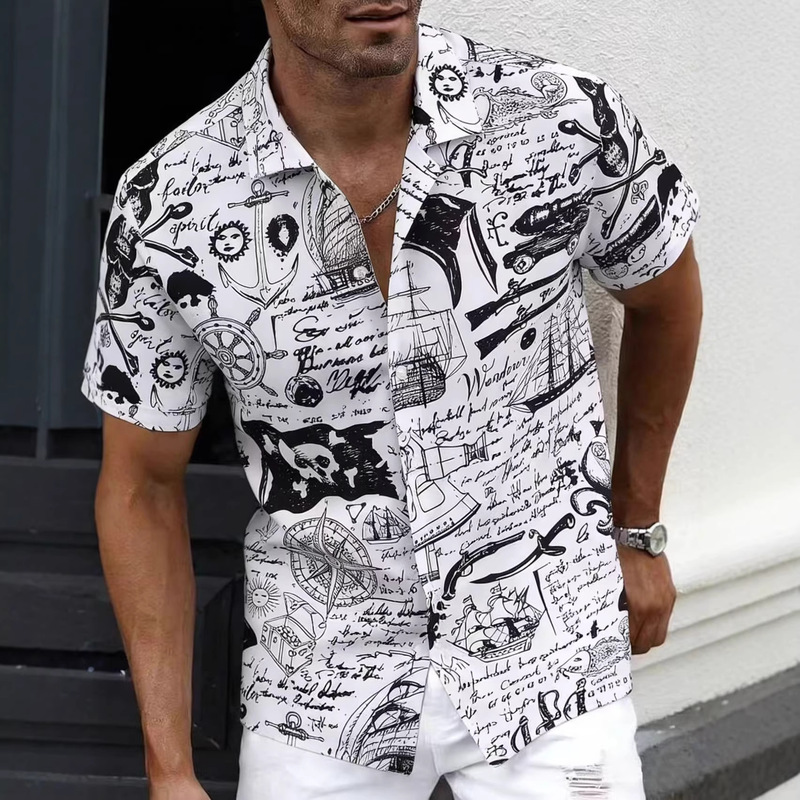 Men's Short-sleeved Shirt Pirate Ship Graffiti Foreign Trade Men's Casual Fashion Summer 2025 New Cross-border Special for Flowers