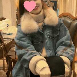 欧货冬季新款宽松加绒加厚毛领拼皮牛仔外套女感品质棉服潮图片色