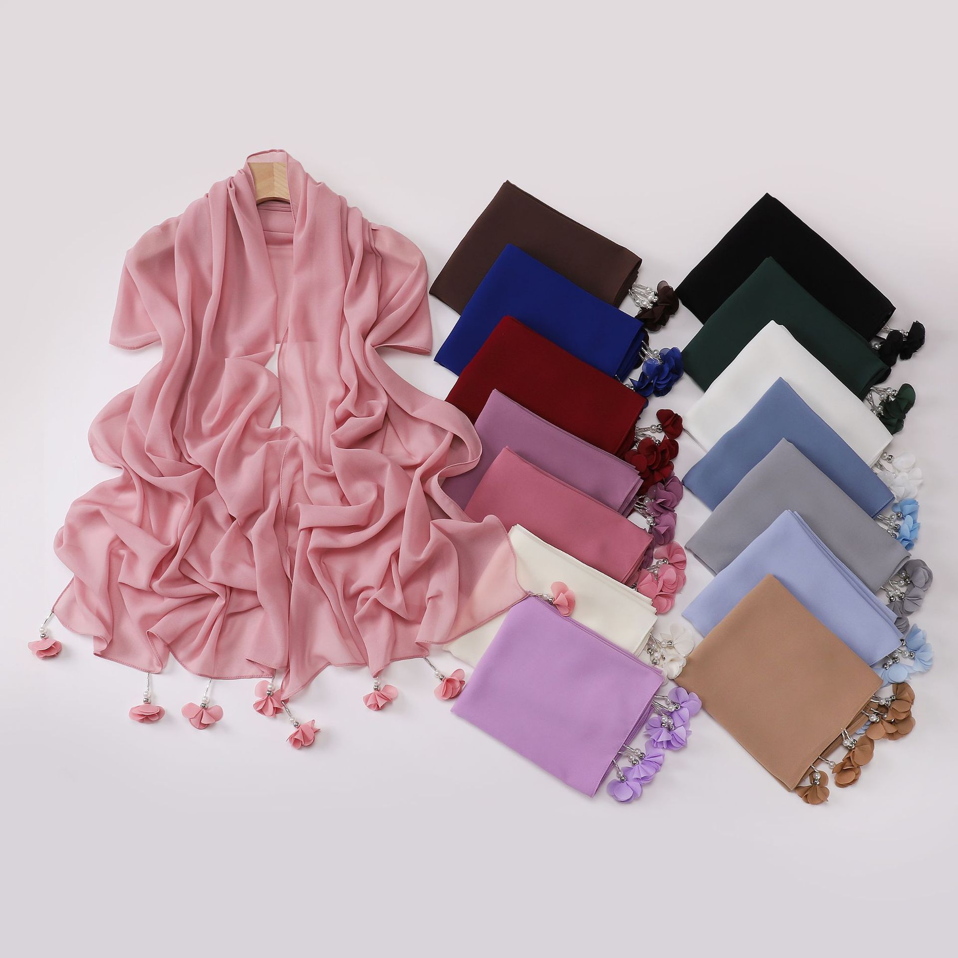 New Style Pearl Chiffon Double-Ended Spiral Glass Tube Flower Long Scarf Ethnic Minority Gauze Scarf Malaysian Headscarf