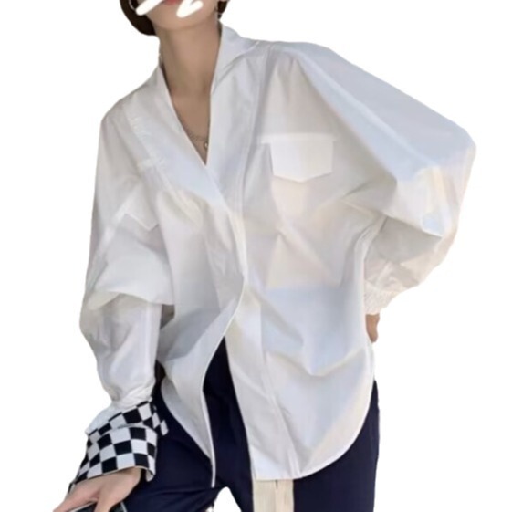 白色长袖衬衫女设计感小众v领宽松百搭上衣休闲衬衣2025春新款|undefined