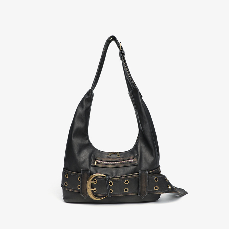 Fashionable and Simple Retro Metal Punk Hot Girl Motorcycle Bag Solid Color Commuting Large Capacity Women's Shoulder Handbag