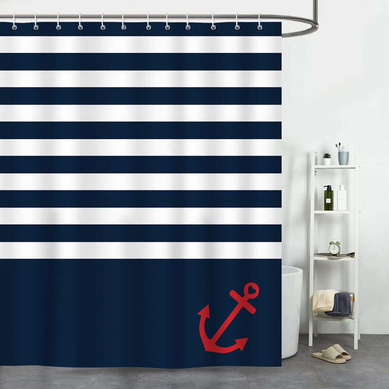 Nautical Striped Shower Curtain Navy Blue Anchor Bathroom Curtain Polyester Fabric Waterproof Bath Curtain Set with Hooks Nautical Striped Shower Curtain Navy Blue Anchor Bathroom Curtain Polyester Fabric Waterproof Bath Curtain Set with Hooks