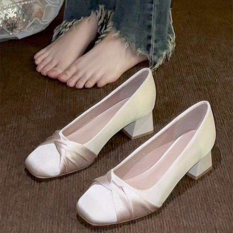 Thick-Heeled High-Heeled Shoes for Commuting Without Tiring Feet, Square-Toe Satin Flats for Women, 2025 Spring & Fall New Fat and Wide-Footed Small Fragrant Shoes