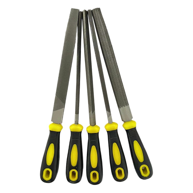Juego de limas de acero al por mayor del fabricante, de cinco piezas con mangos de plástico recubiertos de goma antideslizante, que incluyen limas triangulares, limas redondas, limas planas y limas cuadradas.
