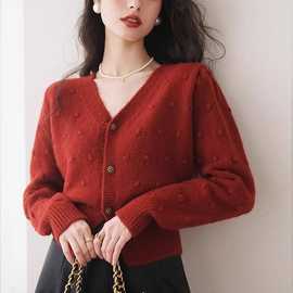 时尚小香风新年红V领针织衫2024春季新款设计感长袖上衣外套潮女