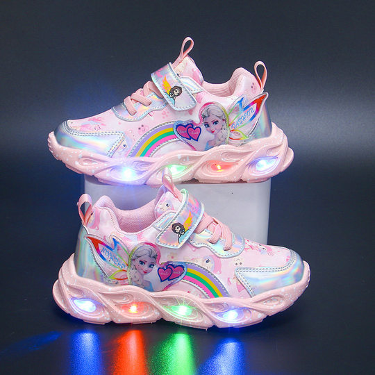Girls Shoes with Light 2022 Autumn New Mesh Breathable Shoes Leather Shoes Girls Sneakers Princess Shoes