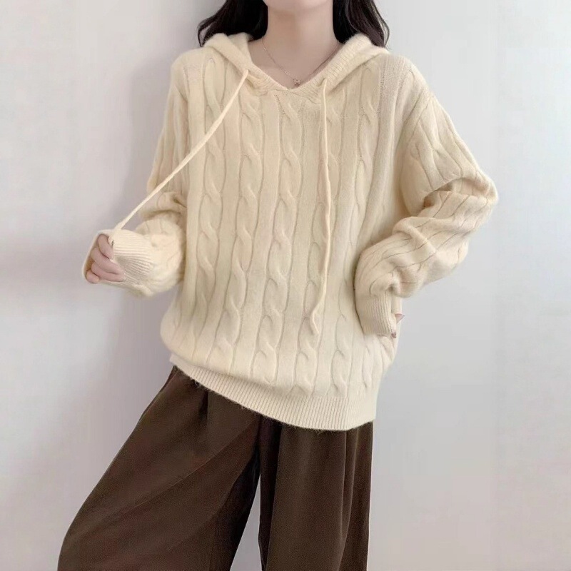 连帽麻花针织套头毛衣女秋冬新款百搭慵懒风宽松软糯女装毛衣外套|undefined