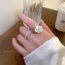 镶钻珍珠花朵开口戒指韩国时尚甜美气质个性指环简约百搭复古手饰