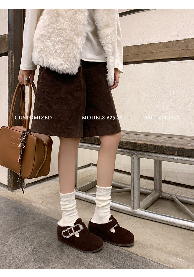Dép lông Birkenstock da thật nữ đế dày, mũi kín lông cừu, có khóa thắt lưng, tăng chiều cao bên trong — cà phê nâu chi tiết 23