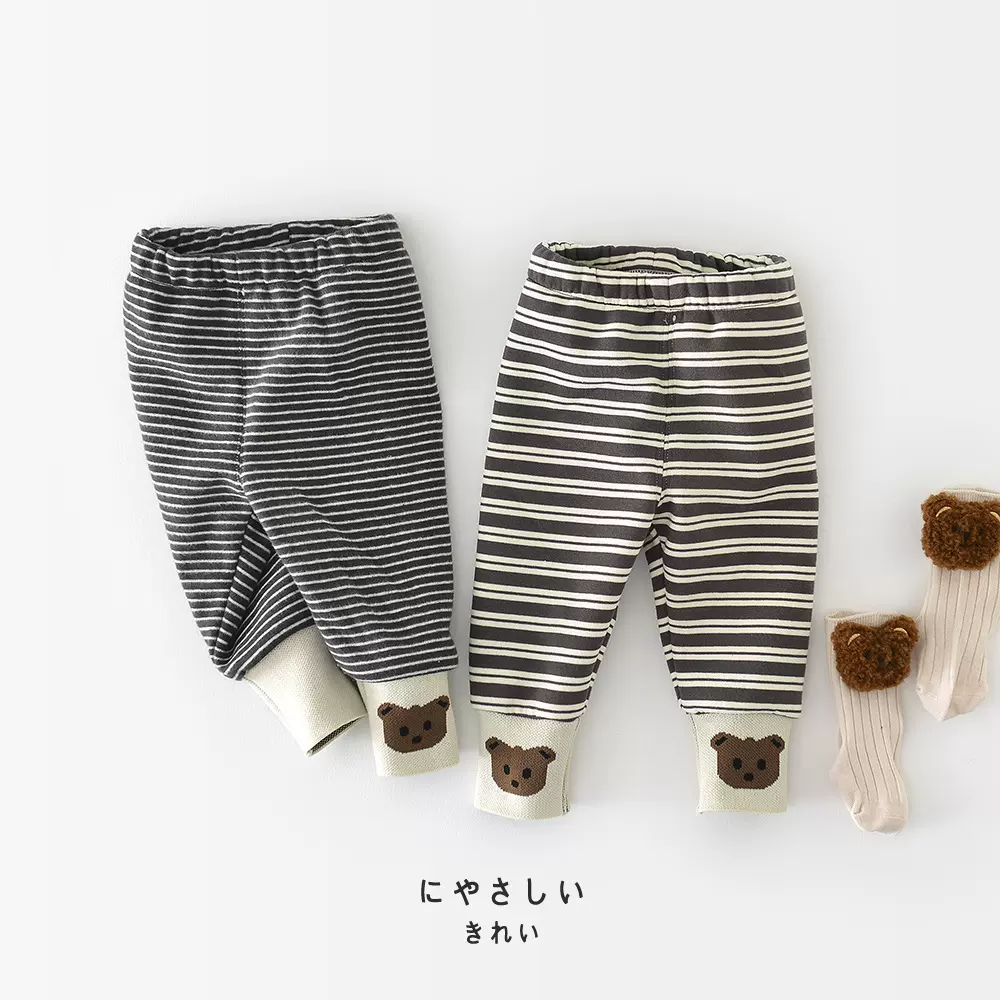 越己服饰秋冬加绒裤子宝宝一体绒童裤婴幼儿条纹拼绣熊罗纹打底裤