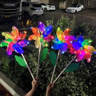 Trendy New Night Market Small Goods Wooden Stick Colorful Glowing Children's Large Windmill Stall Outdoor Toy Gift Laser