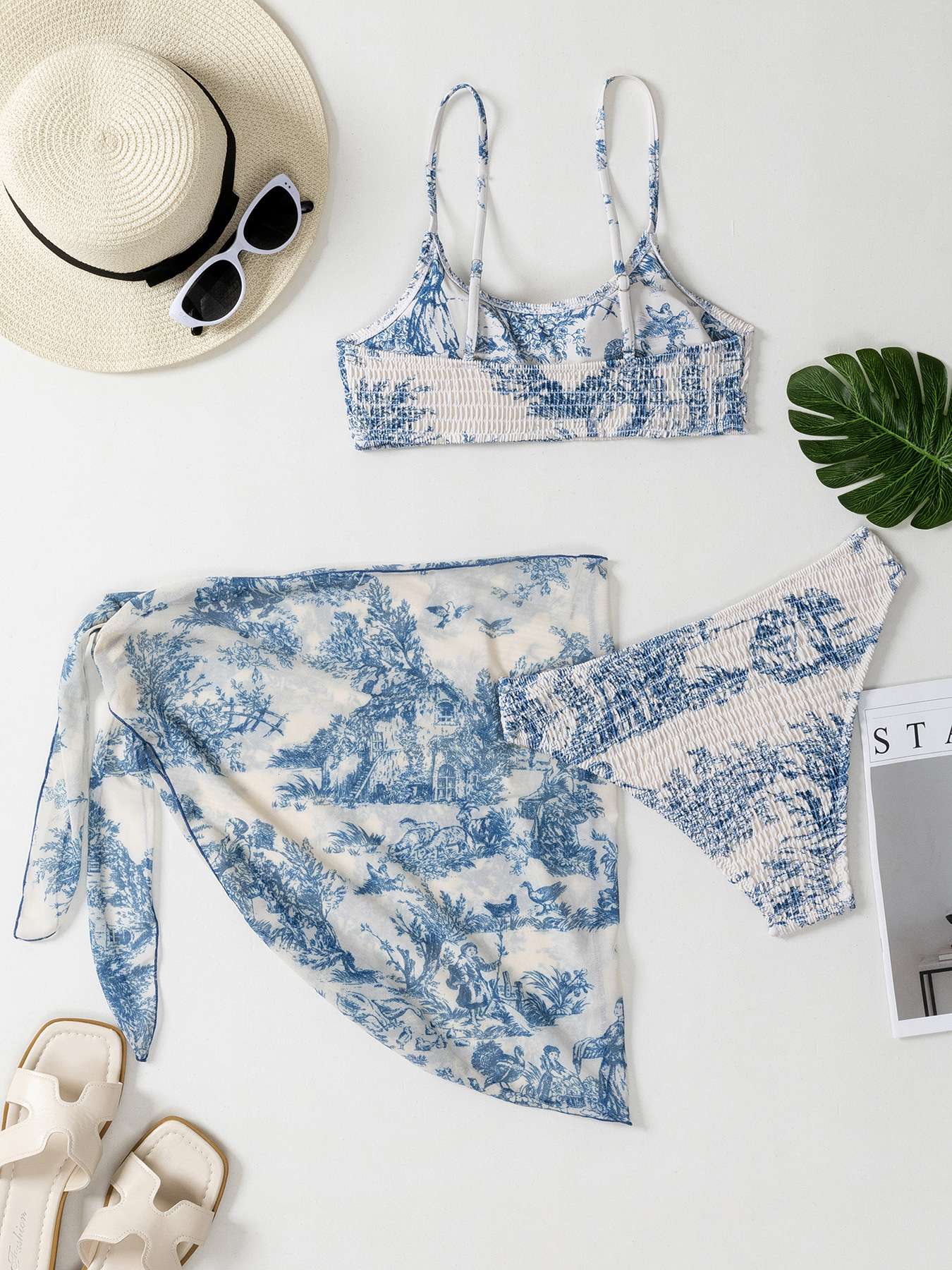 Women's Split Bikini Three-piece Swimsuit Floral Beach Wrap Set_voghion.com