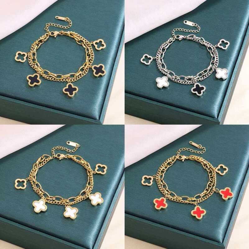 Cross-Border Popular Item: Personalized Ins-Style Four-Leaf Clover Bracelet, Double-Layer Charm, Fresh Retro Fashion Jewelry, Women's Bracelet Cross-Border Popular Item: Personalized Ins-Style Four-Leaf Clover Bracelet, Double-Layer Charm, Fresh Retro Fashion Jewelry, Women's Bracelet