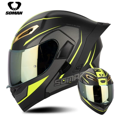 New SOMAN motorcycle helmet riding Motosiklet kaskı (dəbilqə) - black-and-yellow-track-with-gold-sheet-s