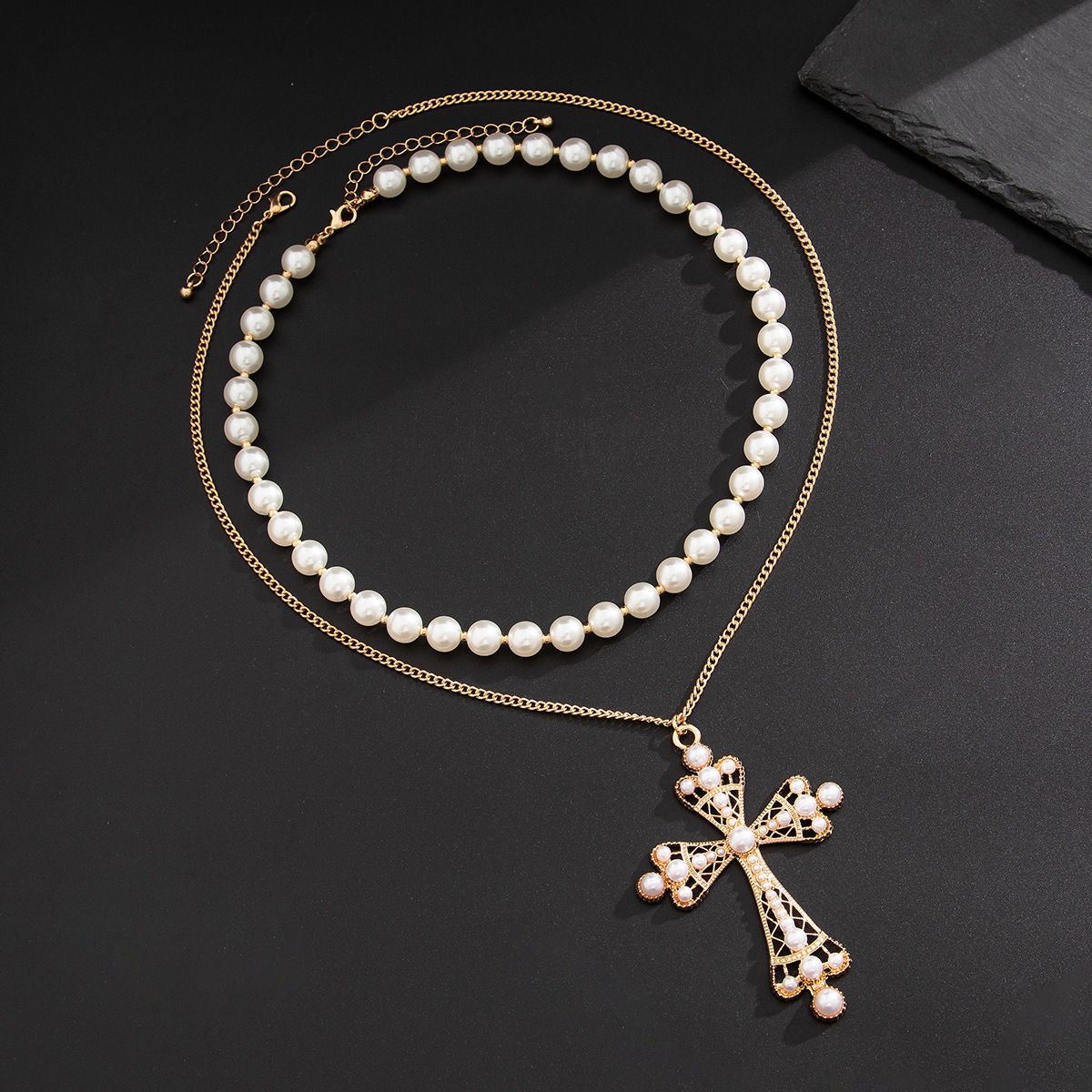 IG Style Cross Rhinestones Pearl Alloy Beaded Chain Cuban Link Chain Curb Chain Layered Necklaces Wholesale display picture 28