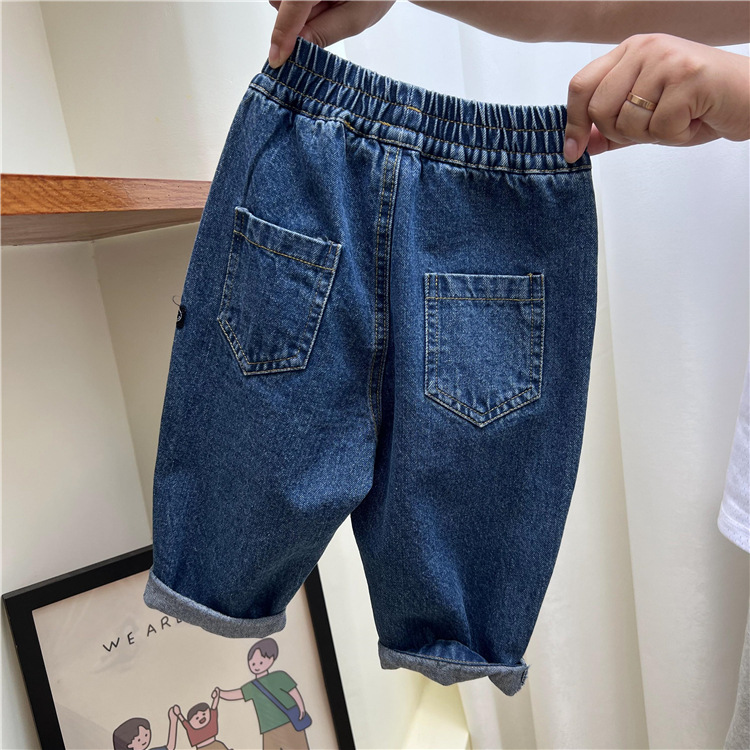 Korejske otroške oblačila, jesenske temno modre kavbojke 2024, ohlapne enobarvne očetovske priložnostne jeans hlače za fantke in deklice_voghion.com