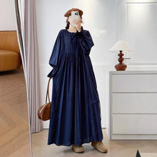 日系森系刺绣系带圆领棉麻连衣裙秋季新款复古文艺宽松百搭长裙子