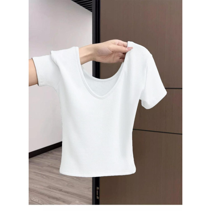 クールシルクコットン新作夏スリムグレーVネック半袖Tシャツ女性若者シンプル通勤韓国風ファッション痩身|undefined