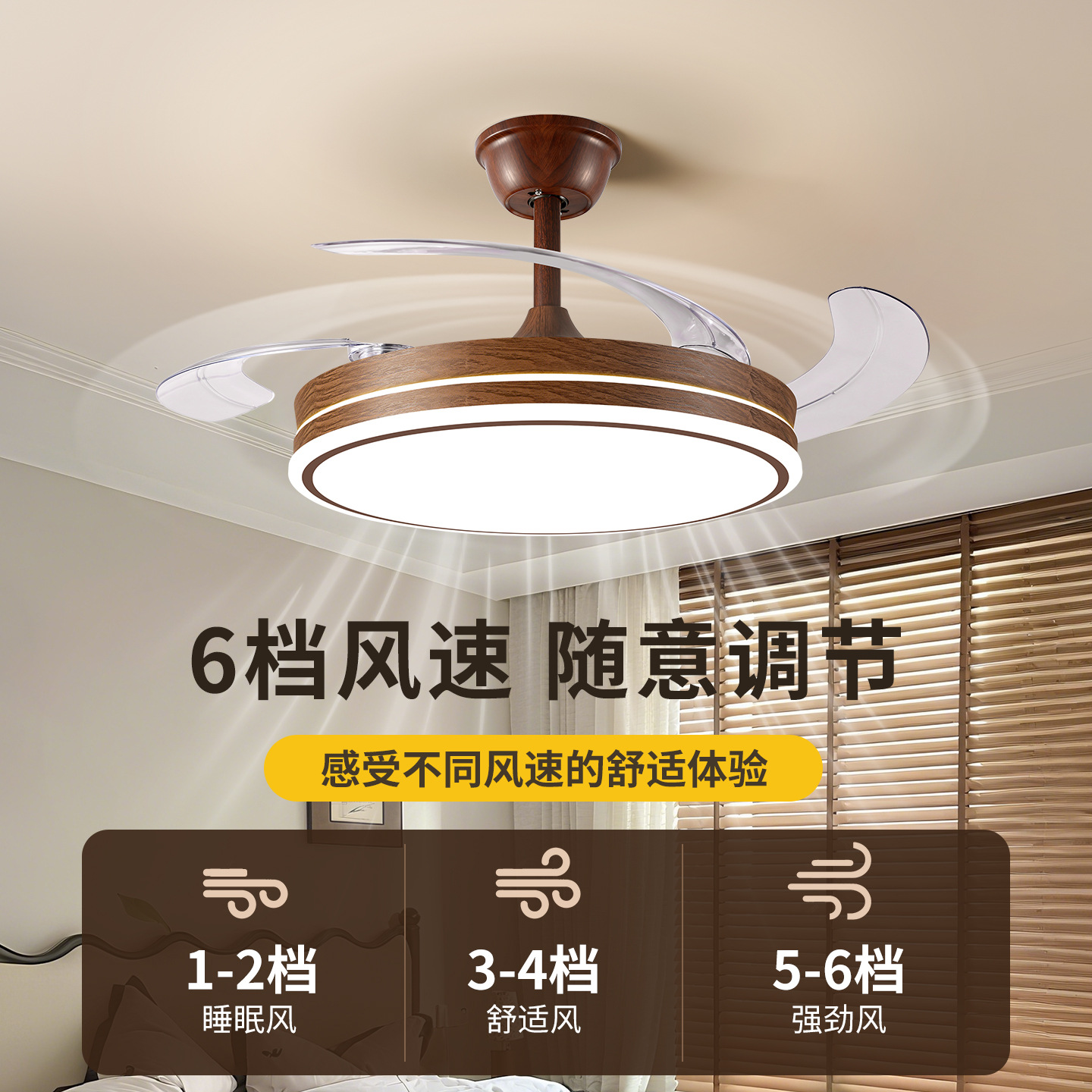 Grand View Garden Invisible Ventilador eléctrico lámpara en retro 2026 nuevo estilo de nuez sala de estar dormitorio lámpara L696