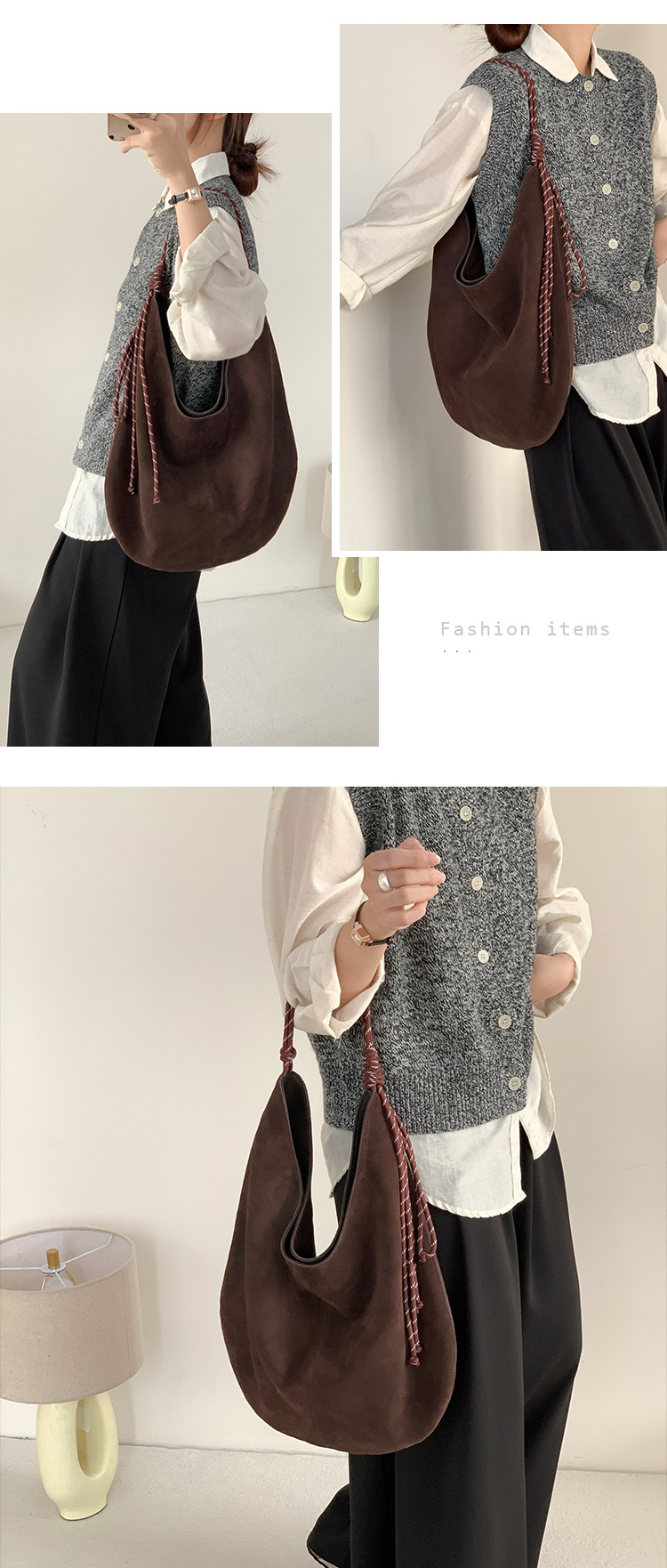 Sac fourre-tout en cuir givré à bandoulière simple pour femme, nouveau style paresseux, capacité en corde tissée à la mode 2024_voghion.com