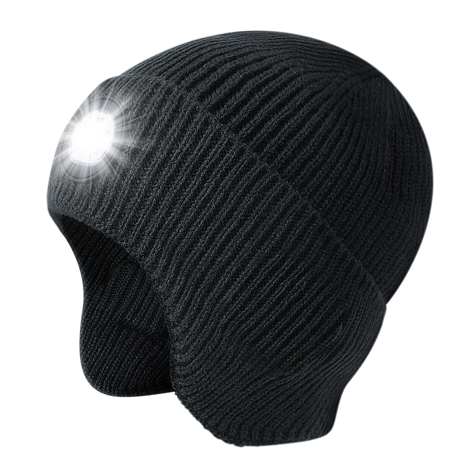 Bluetooth beanie hat with LED light and built‑in headphones, warm knit, lightweight