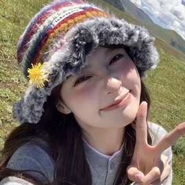 秋冬毛绒渔夫帽女出游加厚保暖护耳大头围显脸小针织条纹拼色盆帽