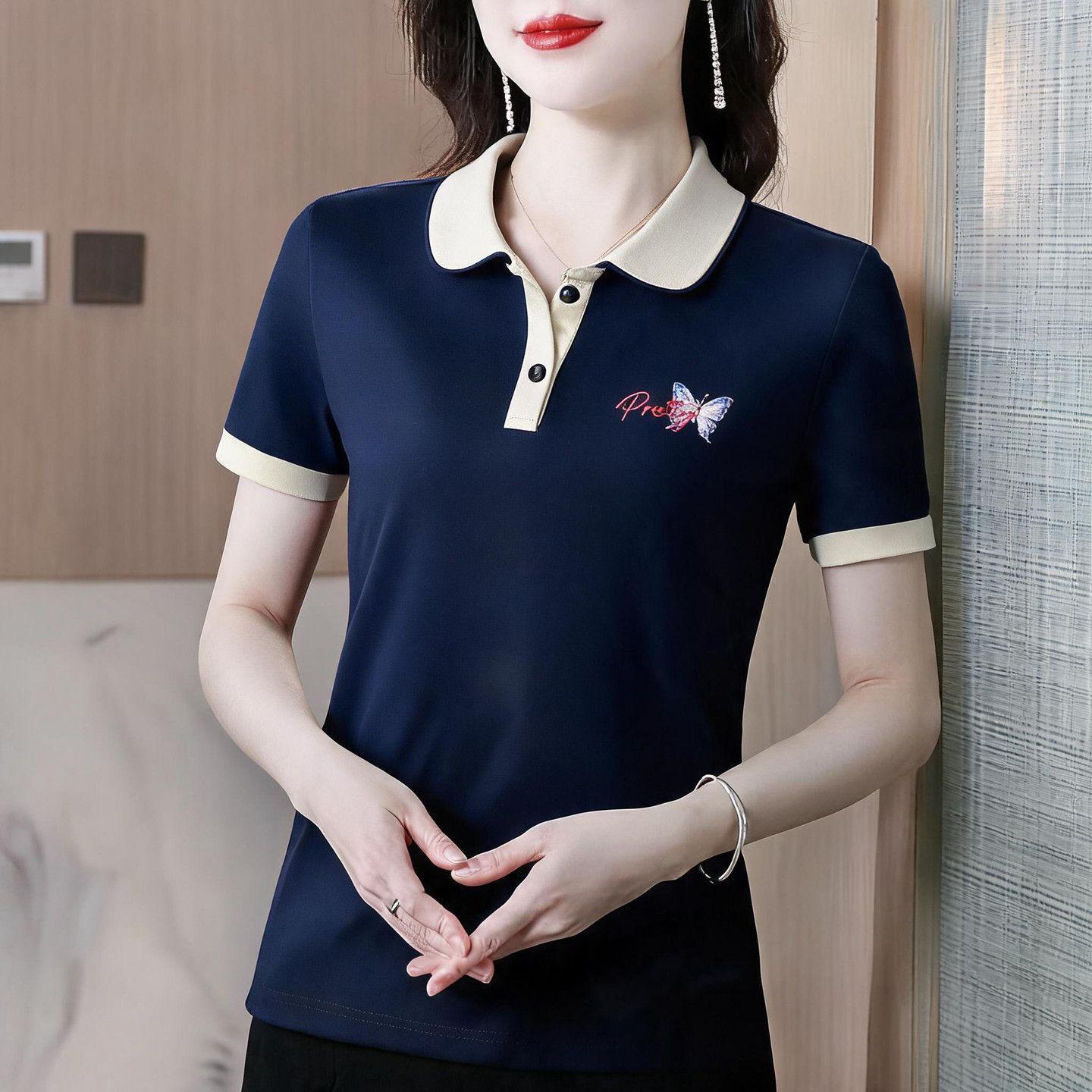 Women's pure cotton T-shirt, new summer style, shoulder cut, versatile, fashionable short-sleeved top with stylish collar. Suitable for middle-aged mothers.