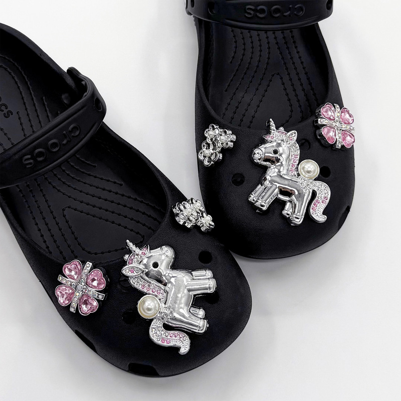 26 New Cross-Border Clog Shoe Accessories in Silver with a High-End Feel, Featuring 3D Unicorn and Lucky Clover DIY Shoe Charms and Shoe Buckles