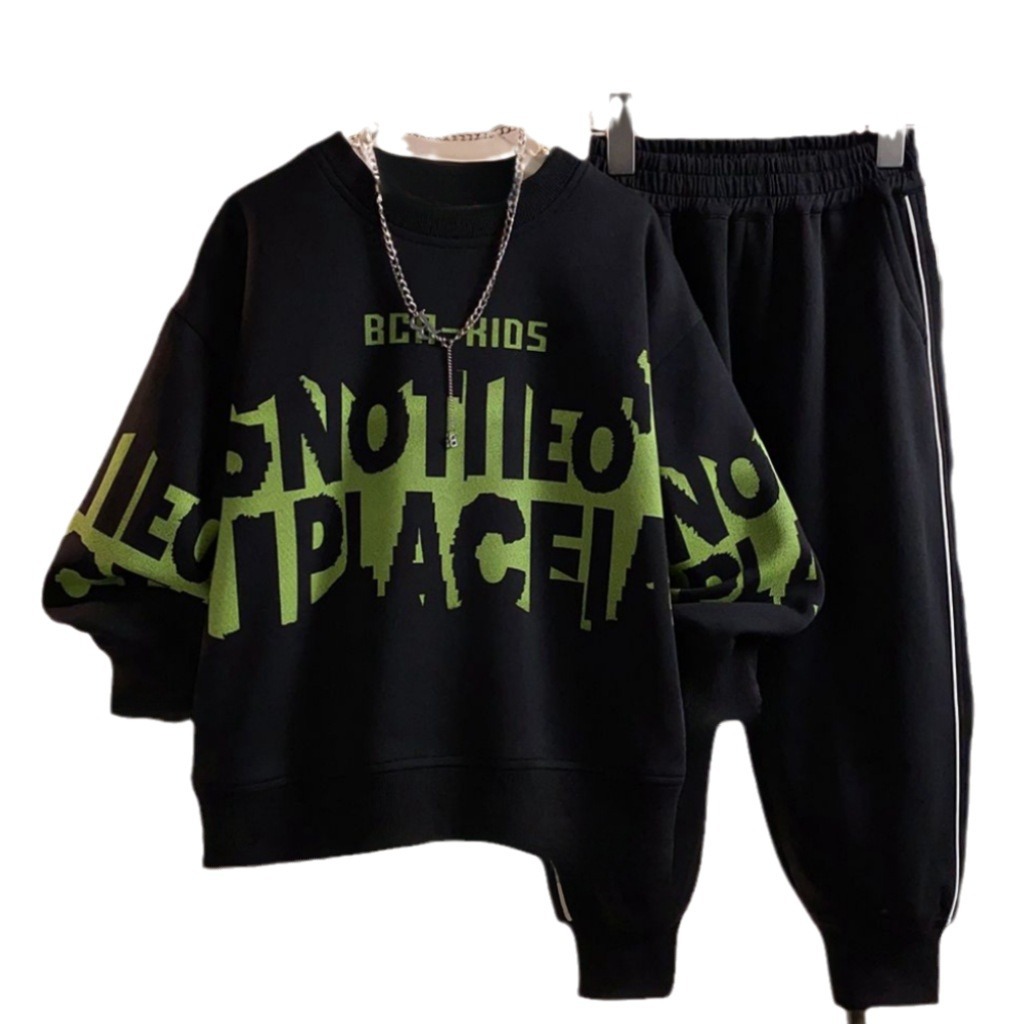 Teenage and guys Boys Suit  Fashion Sweater Trousers Sports Loose Two piece Suit Trend(The printing position is slightly different)_voghion.com