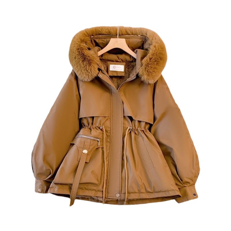 Forrado de lana gruesa Chaqueta de algodón acolchado de las mujeres de invierno cintura apretada cuello de piel grande ropa de trabajo chaqueta acolchada de algodón chaqueta caliente pequeña ropa de parka de estilo occidental image 6