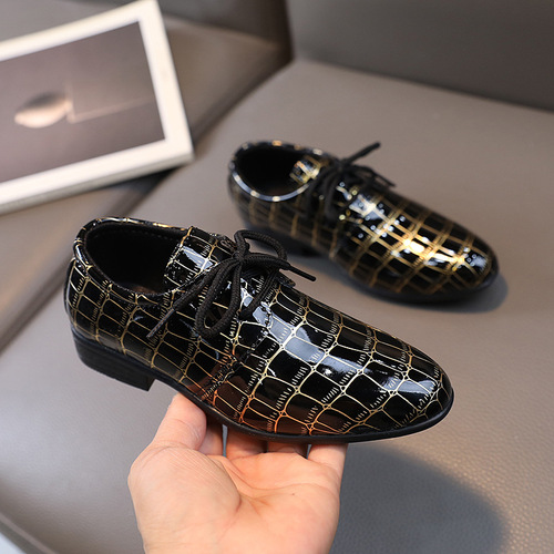 Boys' Leather Shoes School Performance Little Boy Performance Spring and Autumn Single Shoes British Style Black and White Checkered Student Children's Leather Shoes