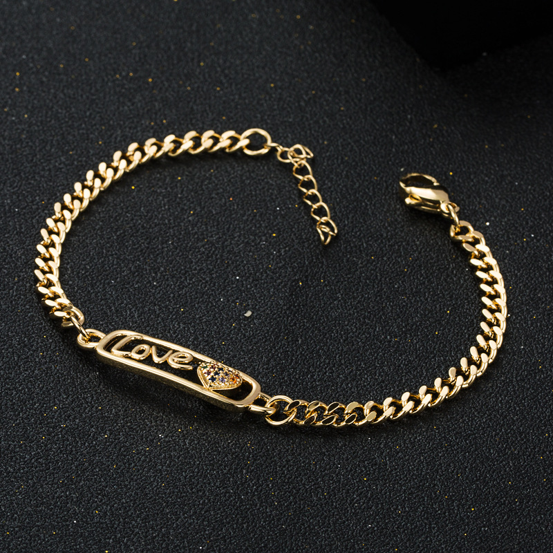 Letters Heart Shaped Lightning Copper Plated 18k Gold Micro-set Zircon Chain Bracelet Accessories display picture 3