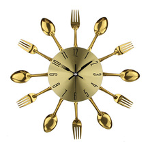 批发创意餐厅客厅金色金属刀叉挂钟简约时钟轻奢钟表家用艺术挂表