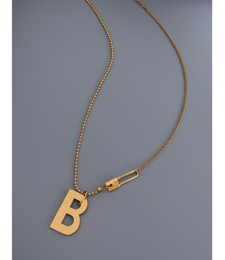 ins cold wind exaggerated letter B stitching pin lock necklace titanium steel plated real gold letter clavicle chain_voghion.com