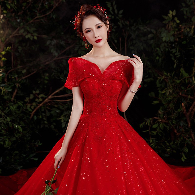 Vestido de novia principal de un solo hombro 2023 nueva novia Mori Red Super Fairy Dream Starry Sky French Light Luxury Cola