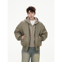 2024冬季新款时尚假两件设计感男士棉衣青少年大码纯色韩版外套潮