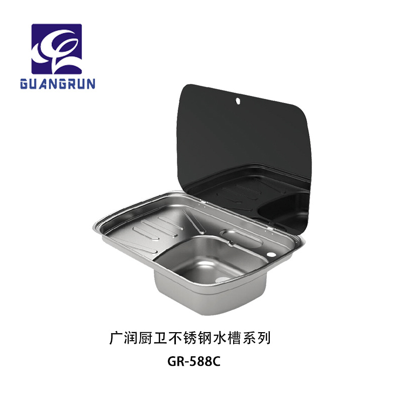 RV Yate Acero inoxidable con fregadero con tapa de vidrio templado Cuadrado con placa de drenaje Lavabo de verduras GR-588C