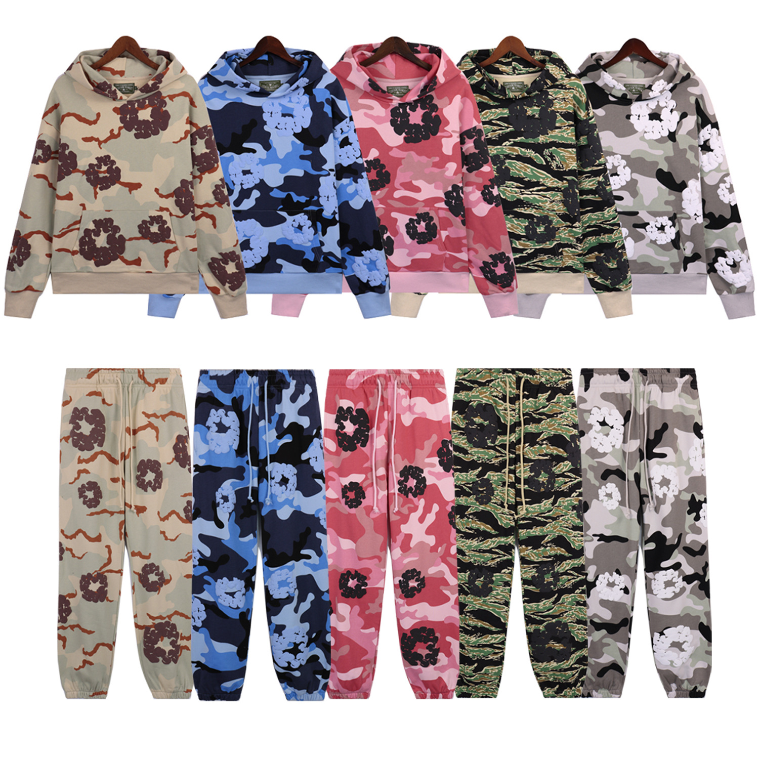 Cross-Border European and American Trendy Brand Hip-Hop Full-Print Camouflage Kapok Foam Print Hoodie Sweatshirt Men's and Women's Pants Suit