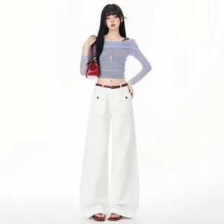 YECHUAN#白色翻盖口袋阔腿牛仔裤早春新款宽松设计垂感休闲直筒裤