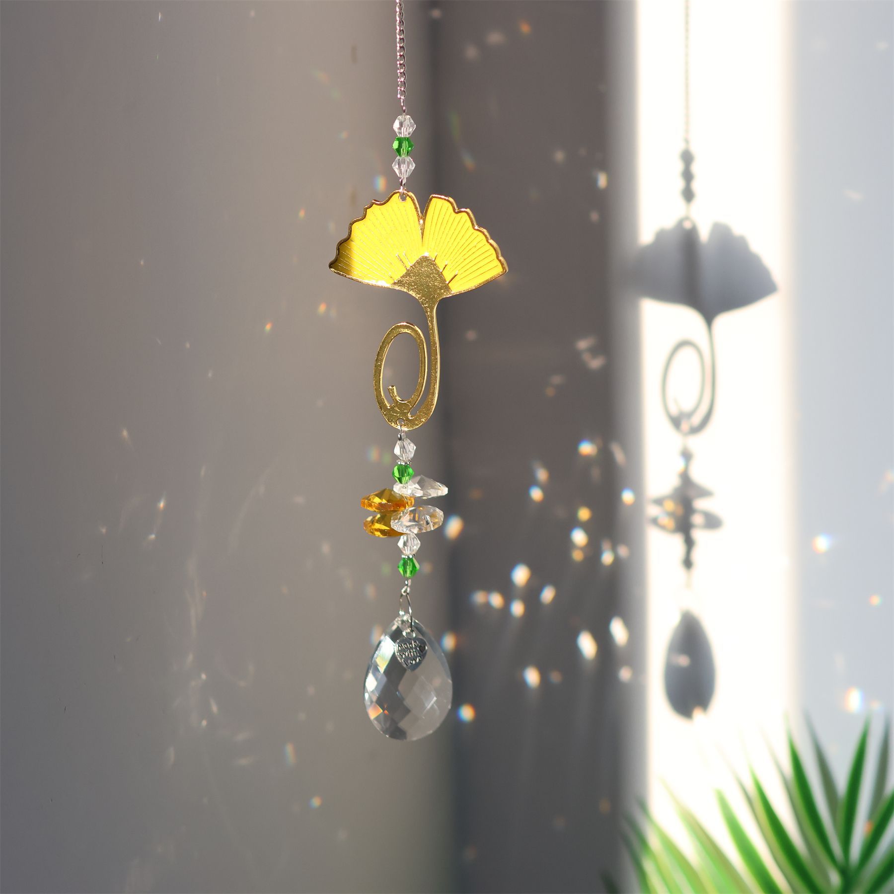 Sunflower, Four Leaf Clover, Ginkgo Leaf Pattern Casual Shiny Sunflower Four Leaf Clover Ginkgo Leaf Crystal Pendant Wall Art