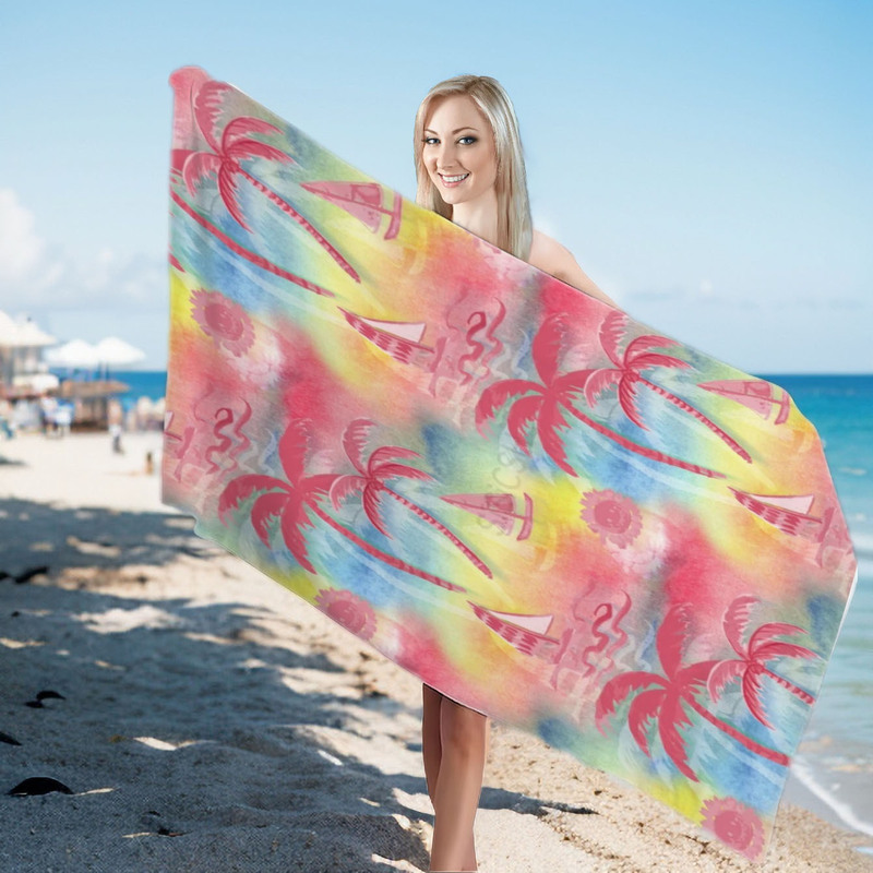 Pink Coconut Tree Print Beach Towel, Summer Ins Style Girly Heart Bath Towel, Seaside Vacation Quick-Drying Sunscreen Towel