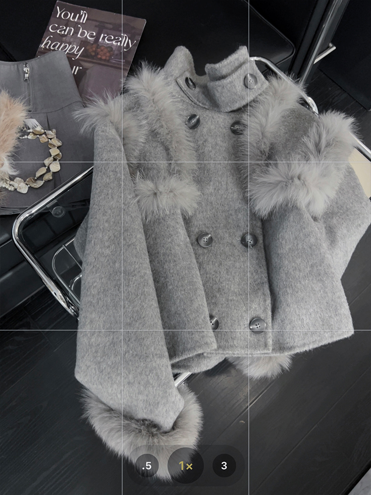 灰色立领毛呢外套女毛毛拼接设计感冬季新款名媛风双排扣气质大衣